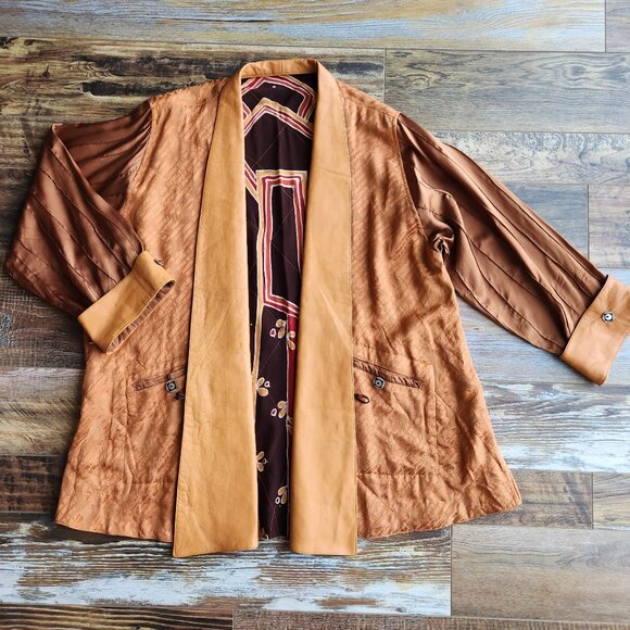 Vintage Nadya Bali Handmade Leather Batik Tribal Reversible Jacket Brown - Picture 5 of 16